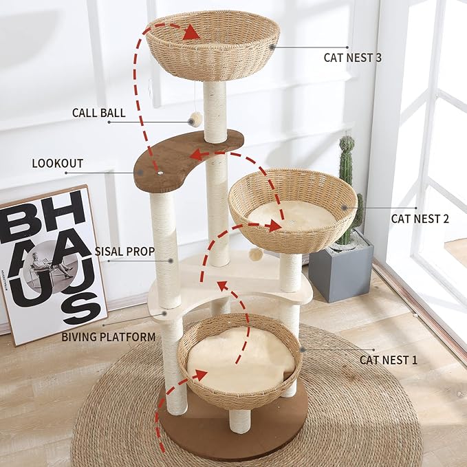 52" Modern Cat Tree Tower for Large Cats, 3Cat Nests Manual Hand Woven Multilevel Huge Paws Pals Cat Tree, Wood Cat Tower, Cat Scratching Tree, Cat Condo, Cat Lover Gift-Mewly Pet