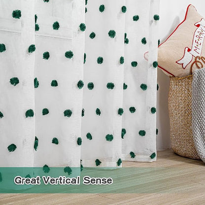 MYSKY HOME Short Christmas Curtains for Small Window - 45 Inch Long Kitchen & Bedroom Sheer Curtains - Hunter Green & White Pom Pom Panels - 2 Sets 52 x 45 Inch