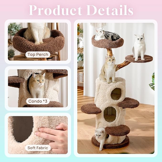 54.7'' Tall Modern Wood Cat Tree with 3 Level House, Luxury Cat Tower for Home Decoration, Large Cat Condo for Multi-Cat Families-Mewly Pet