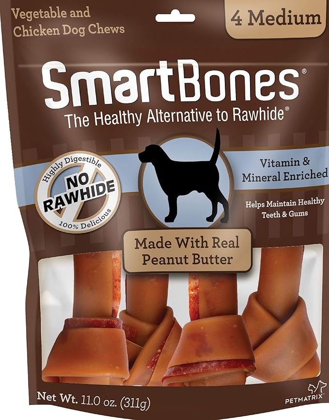 SmartBones Medium Chews With Real Peanut Butter Rawhide- Free Chews For Dogs, 4 Count-Mewly Pet
