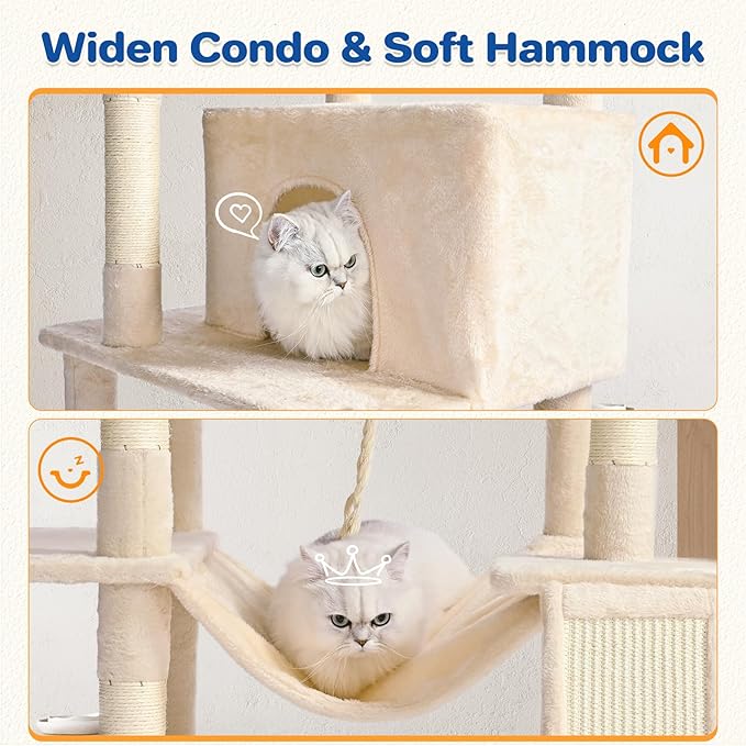 Cat Tree Tower 63in Multi-Level Cat Tower for Indoor Cats with Sisal Scratching Posts, Condo, Hammock, Dangling Ball and Extended Platform for Cats to Play, Beige-Mewly Pet