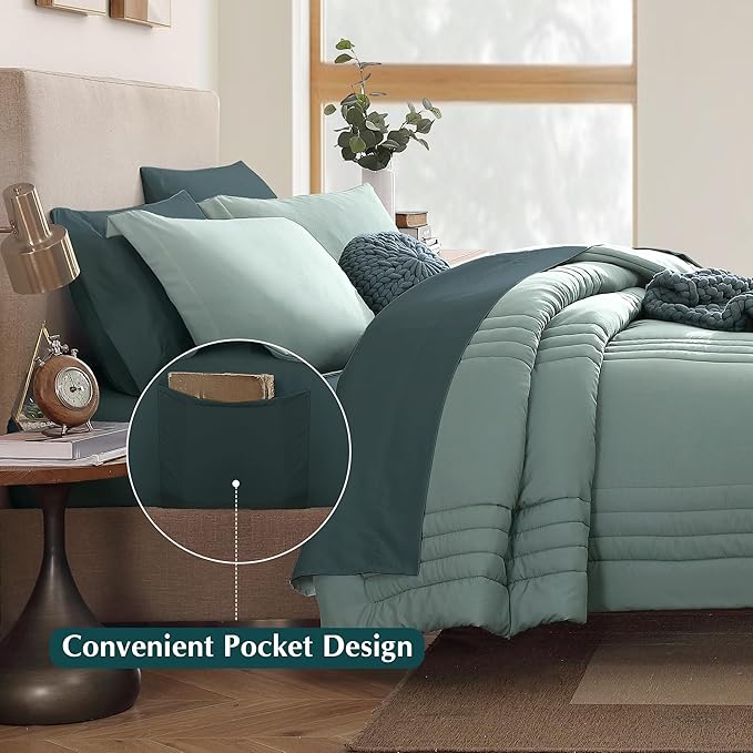 Monbix Queen Comforter Set - 7 Pieces Sage Green Bed in a Bag Queen Bedding Sets with Comforters, All Seasons Comforter Bed Set with Sheets,Pillowcases & Shams