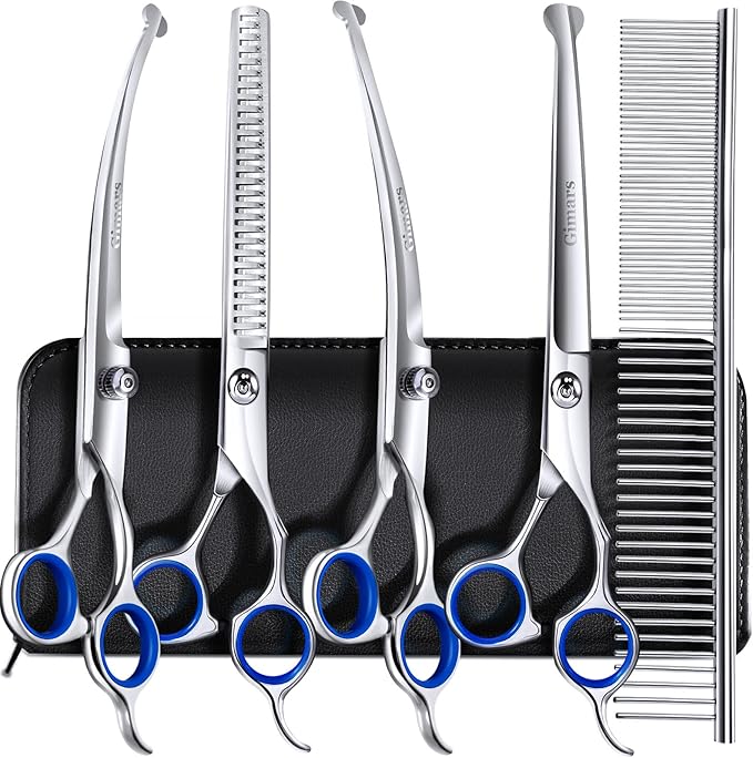 Gimars 7.0in Professional 4CR Stainless Steel Safety Round Tip 6 in 1 Dog Grooming Scissors Heavy Duty Titanium Coated Pet Grooming Scissor for Dogs, Cats and Other Animals-Mewly Pet