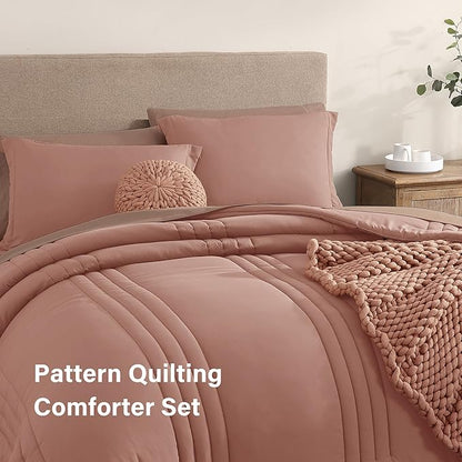 Monbix Queen Comforter Set - 7 Pieces Clay Pink Bed in a Bag Queen Bedding Sets with Comforters, All Seasons Down Alternative Comforter Bed Set with Sheets, Pillowcases & Shams