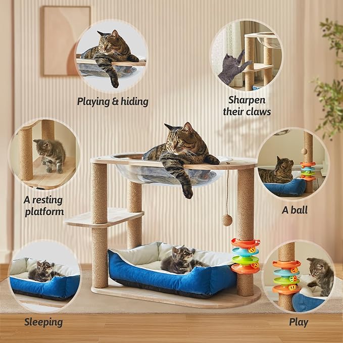 2 Tier Cat Tower,21.85 in cat Perch Wood cat condo with Hammock and Sisal Rope Scratcher Post Hanging Toy Balls for Indoor Large Cats Kittens (Blue)-Mewly Pet