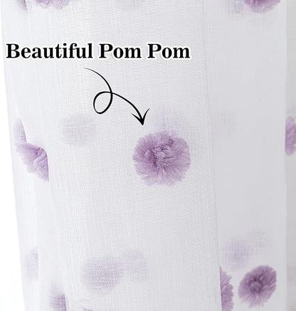 MYSKY HOME 45 Inches Long Kitchen Curtains Small Window Curtains for Bathroom Cafe Bedroom Purple Pom Pom White Semi Sheer Curtains for Nursery Girls Room Rod Pocket 2 Pieces Drapes 52 x 45 inch