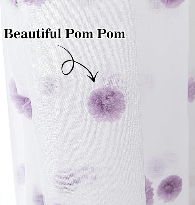MYSKY HOME 108 Inch Curtains for Living Room Extra Long Purple Pom Pom Curtains for Bedroom 2 Sets Large White Sheer Curtains for Sliding Door Rod Pocket Backdrops Window Drapes 52 x 108 in