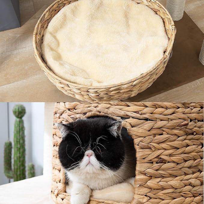 Large Wood Cat Tree Tower for Indoor Cats, Multi-Cats Scratching Post & Cat Condo with Handwoven Cat House Basket, Thick Sisal Posts, Modern Stable Cats Tower Furniture-Mewly Pet