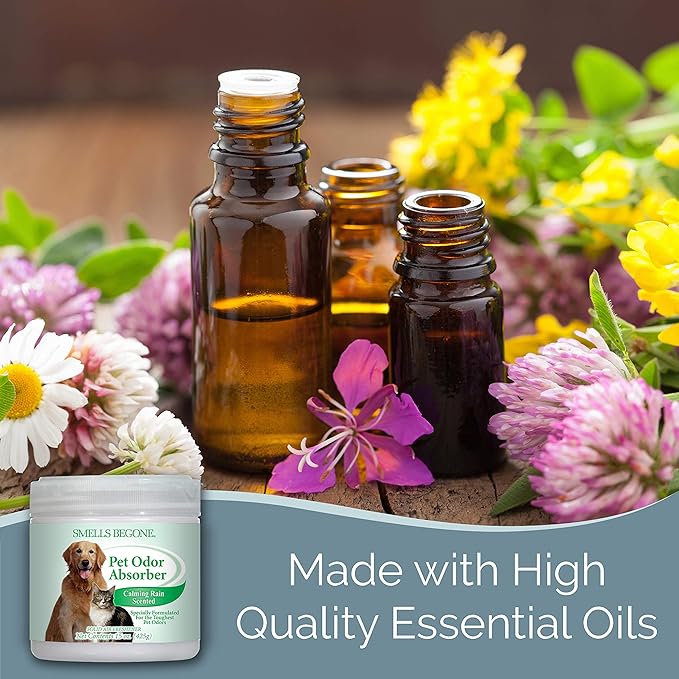 SMELLS BEGONE Air Freshener Odor Absorber Gel - 15 oz, Pack of 2 - Absorbs and Eliminates Odor in Pet Areas, Bathrooms, Cars, & Boats - Made with Essential Oils - Calming Rain Scent-Mewly Pet