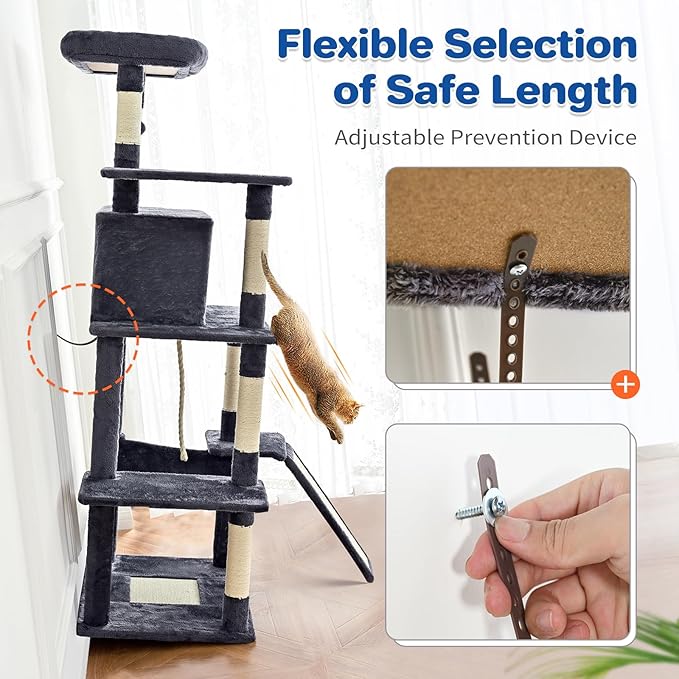 Cat Tree Tower 63in Multi-Level Cat Tower for Indoor Cats with Sisal Scratching Posts, Condo, Hammock, Dangling Ball and Extended Platform for Cats to Play, Dark Grey-Mewly Pet