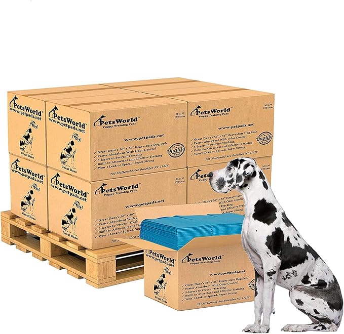 PETSWORLD Giant Dog Potty Pads, Odor-Eliminating, 36" x 36", Ultra Absorbent 5-Layer Leak-Proof Training Pads for Dogs & Cats (36x36, 1200 Count)-Mewly Pet