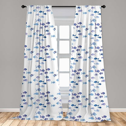 Ambesonne Animal Window Curtains, Little Fishes Watercolors Ocean Underwater Life Marine Theme Art, Lightweight Decor 2-Panel Set with Rod Pocket, Pair of - 28" x 84", Blue
