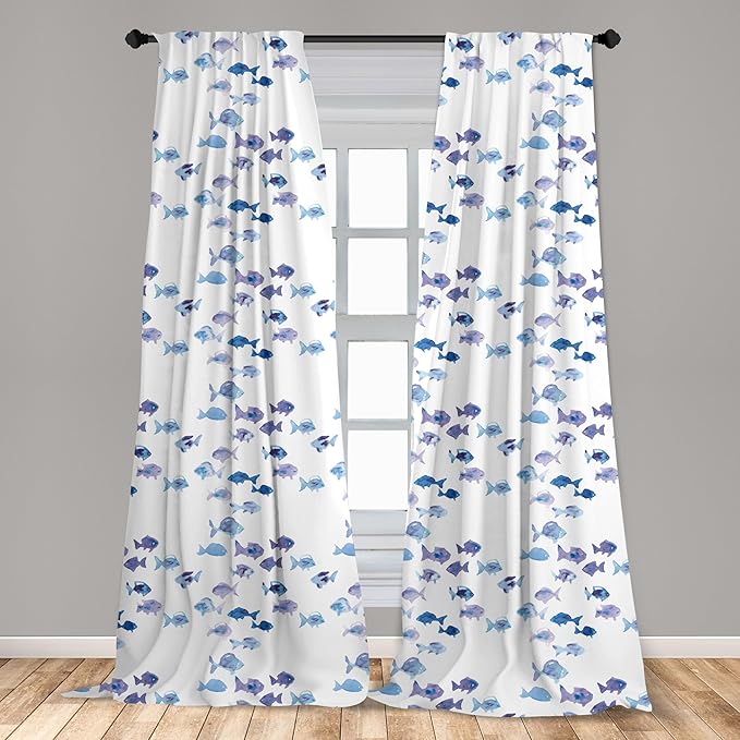 Ambesonne Animal Window Curtains, Little Fishes Watercolors Ocean Underwater Life Marine Theme Art, Lightweight Decor 2-Panel Set with Rod Pocket, Pair of - 28" x 63", Blue