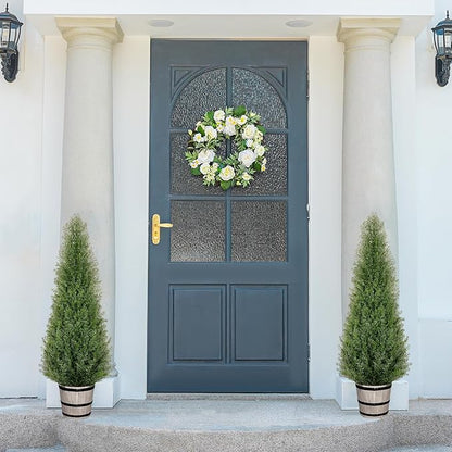 3FT Artificial Cedar Topiary Trees with Rustic Barrel Planter, Outdoor Indoor Realistic Faux Pine Shrubs Plants, Fake Cypress Trees for Home Offices Porch Decor, Set of 2