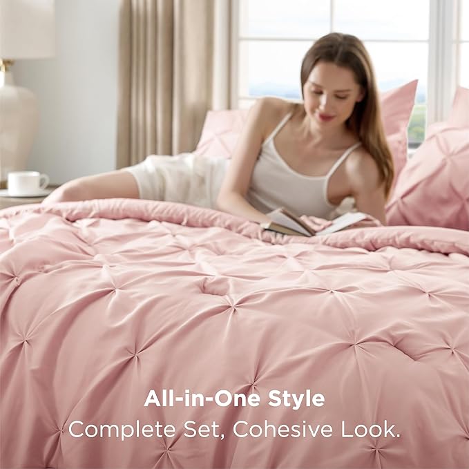 Bedsure California King Comforter Set Pink - Bed in a Bag Cal King Bedding Set 7 Pieces, GentleSoft™ Pintuck Bed Set Gift for Family, Pinch Pleat Pink Comforter with Sheets, Pillowcases & Shams