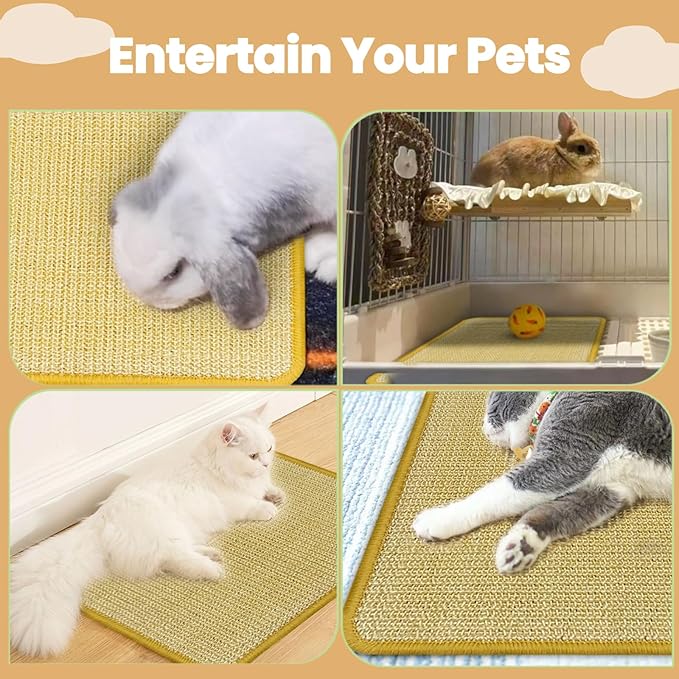 DYAUS Bunny Scratch Pads, Natural Sisal Rabbit Scratching Mats for Claws and Teeth Care, Indoor Bunny Chew Toys Bunny Bed for Biting Sleeping Nesting (3PCS, 16x12in)-Mewly Pet