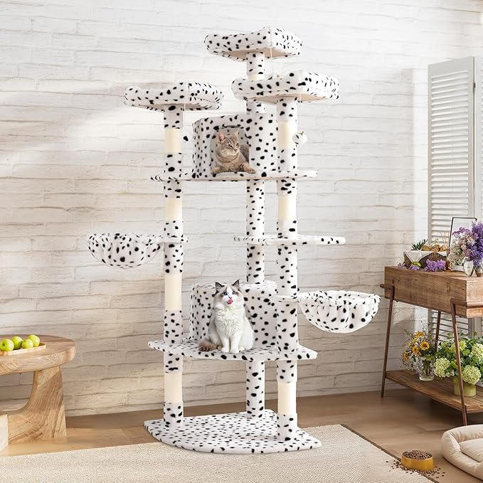 SHA CERLIN 73in Fan-Shaped Corner Cat Tower for Save Space/Multi-Level Tall Tree for Indoor Kitties/Condo with Baskets/Cozy Perches/Sisal Scratching Posts/Pet Activity House/White & Black Spot-Mewly Pet