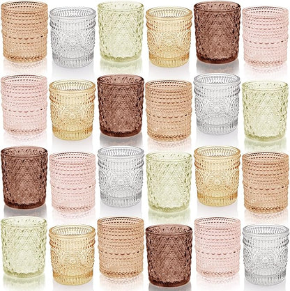 12 pcs Glass Votive Candle Holders, 6 Colors 3 Patterns Tealight Candle Holders for Fall Wedding Table Centerpiece Birthday Decoration