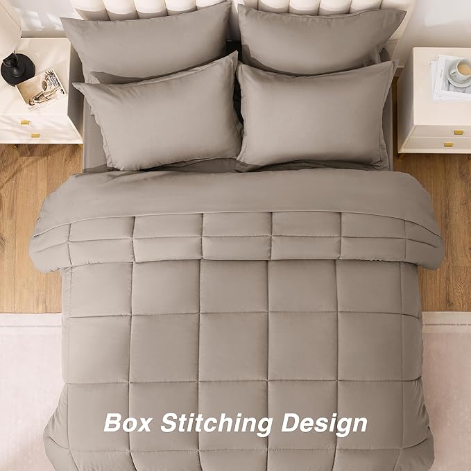 Love's cabin Queen Comforter Set Light Brown, 7 Pieces Queen Bed in a Bag, All Season Bedding Sets with 1 Comforter, 1 Flat Sheet, 1 Fitted Sheet, 2 Pillowcase and 2 Pillow Sham