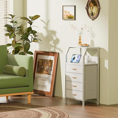 Furnulem Night Stand with Charging Station, Dresser with PVC & Fabric Drawers, 33.3 Inch Side Table with Open Shelf, Tall Bedside Table for Closet, Entryway, Bedroom Furniture, 3 Ways to Use, White