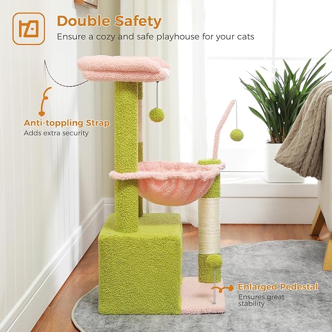 PEQULTI 4-in-1 Multi-Level Cat Tower, 33'' Pink Cat Tree for Indoor Cats with Large Condo, Scratching Post for Cats with Deep Hammock& Cozy Top Perch-Mewly Pet