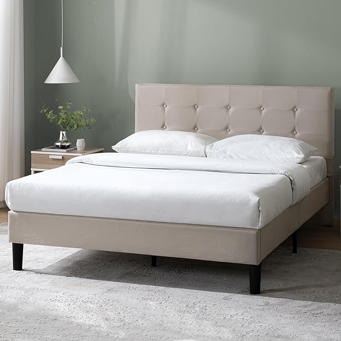 ZINUS Ibidun Upholstered Platform Bed Frame, Mattress Foundation, Wood Slat Support, No Box Spring Needed, Eco Friendly WonderBox (TM), Easy Assembly, Soft Beige, Queen