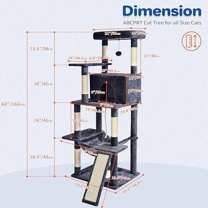 Cat Tree Tower 63in Multi-Level Cat Tower for Indoor Cats with Sisal Scratching Posts, Condo, Hammock, Dangling Ball and Extended Platform for Cats to Play, Dark Grey-Mewly Pet