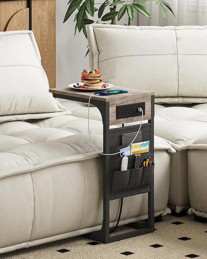 TUTOTAK C Shaped End Table with Charging Station, Side Table for Sofa, Couch Table with Storage Bag, TV Tray Table with 2 USB Ports and Outlets for Living Room, Bedroom TB01BG024