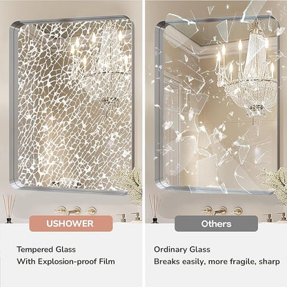 USHOWER Brushed Nickel Bathroom Mirror 24"x36", Silver Rectangle Mirror for Over Sink, Rounded Corner, Aluminum Frame, Anti-Rust, Tempered Glass, Horizontal or Vertical Mounted