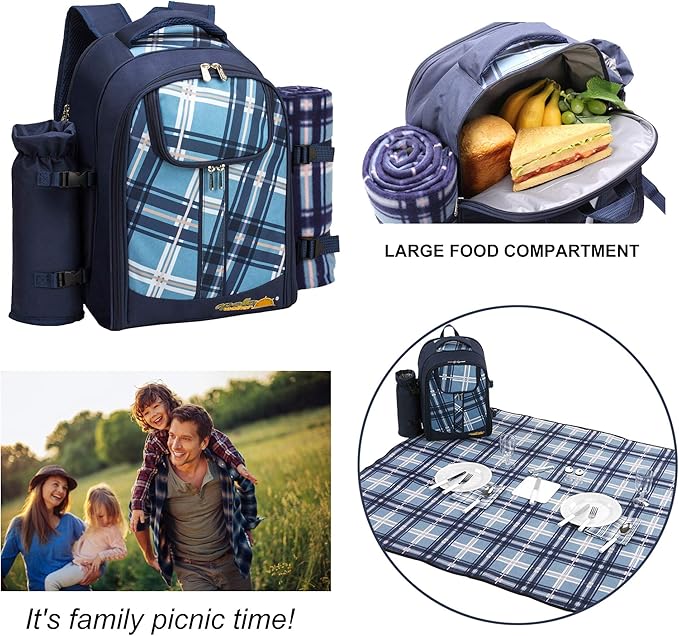 Apollo walker Picnic Backpack Set for 4 with Cooler Compartment,Detachable Bottle/Wine Holder Including Large Picnic Blanket(45"x 53") for Picnic Family and Lovers Gifts,Outdoor,BBQ Time (Blue)-Mewly Pet