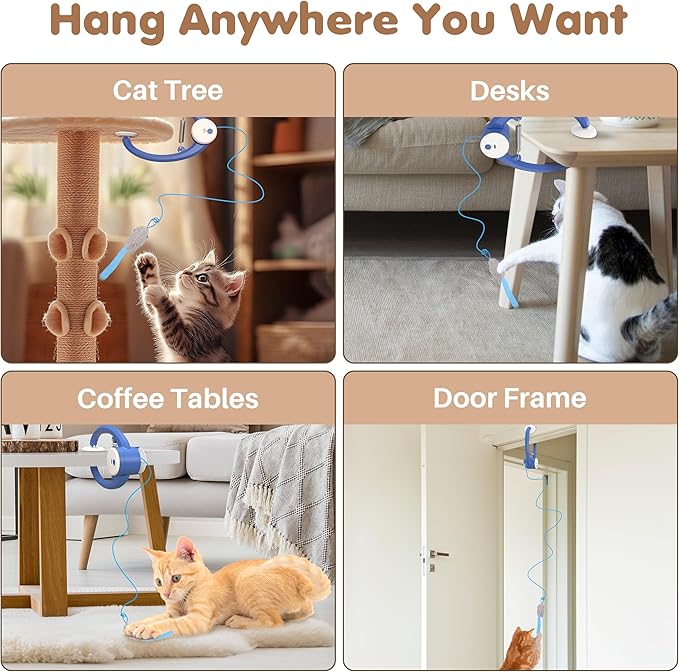 Interactive Cat Toys Rechargeable, Feather Toy for Indoor Cat, Hanging Retractable Teaser Toy, Automatic Kitten Play Chase Exercise Toys with Three Plush Mouse, USB Powered (Blue)-Mewly Pet