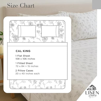 Linen Home 100% Cotton Printed Percale Sheets California King Size, Deep Pocket, 4 Pieces Set - 1 Flat, 1 Deep Pocket Fitted Sheet and 2 Pillowcases, Crisp Cool Bed Linen, Grey Botanical Floral