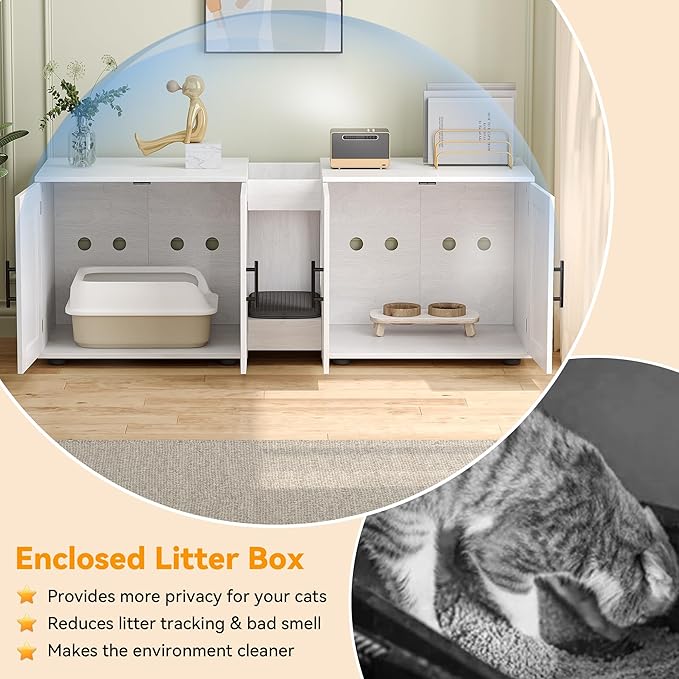 Gaomon Litter Box Enclosure with Double Cage, Cat House,Hidden Litter Box Enclosure Furniture for 2 Cats, Wooden Enclosed Cat Litter Box Furniture,55”L x 17.7”W x 22.5”H,White-Mewly Pet