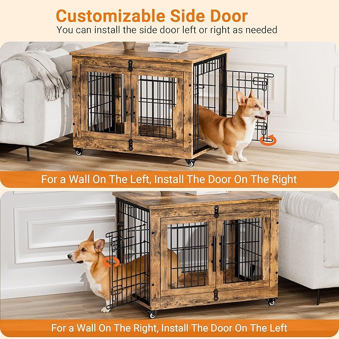 Lulive Dog Crate Furniture, Dog Kennel Indoor Double Doors Wooden Dog Cage, 32'' Heavy Duty Dog Crate with Cushion & Wheels, Decorative End Table Pet House Chew-Resistant for Medium/Small, Brown-Mewly Pet