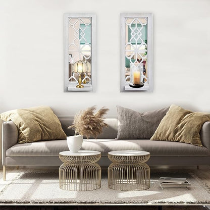 Wood Wall Sconce Candle Holder Set 2, Rustic Candle Sconces, Farmhouse Hanging Wall Décor, Carved Wood Frame, Mirrored Wall Accent