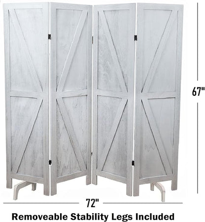 Premium Home 4-Panel Room Divider – Rustic White Barn Door, K Pattern Folding Privacy Screen, Partition Wall