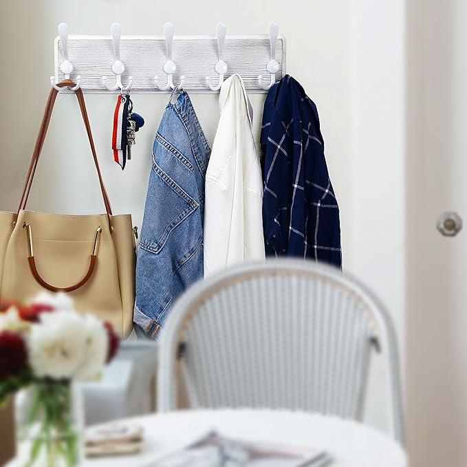 WEBI Coat Rack Wall Mount,5 Triple Hooks for Hanging Coats,16" Hole to Hole,Coat Hooks Wall Mounted,Coat Hanger Wall Hook Rack Rail for Clothes,Jacket,White