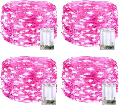 JMEXSUSS 4 Pack 50 LED Pink Fairy Lights Battery Operated, 16.1ft Christmas Fairy Lights Indoor Outdoor Waterproof, Pink String Lights for Bedroom Wedding Birthday Valentine Christmas Decorations