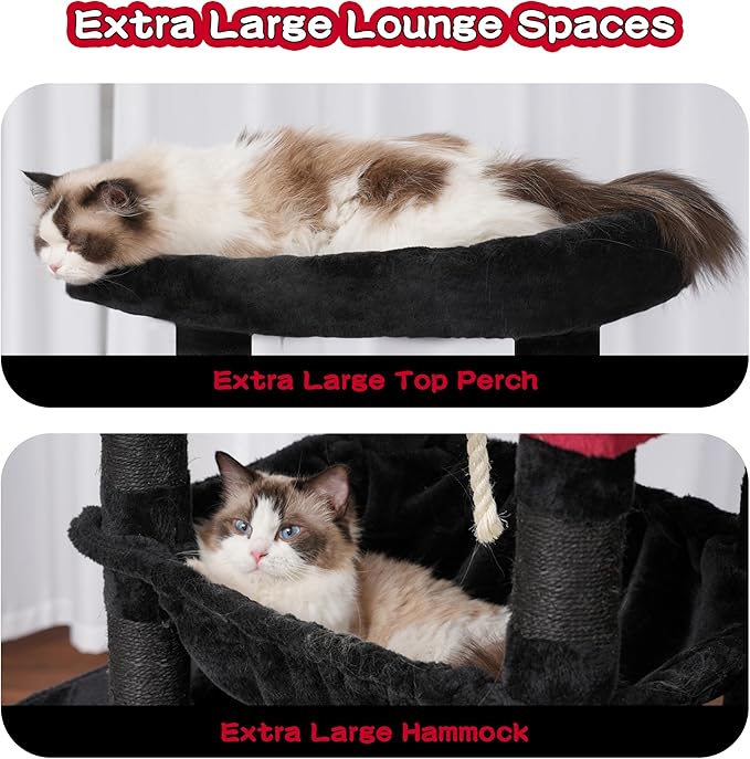 Gothic Cat Tree, Cat Tower for Large Cats with 2 Big Platforms, 2 Baskets, condo and Toys, 63" Cat Scratching Posts for Indoor Cats, Black and red GCT020BR-Mewly Pet