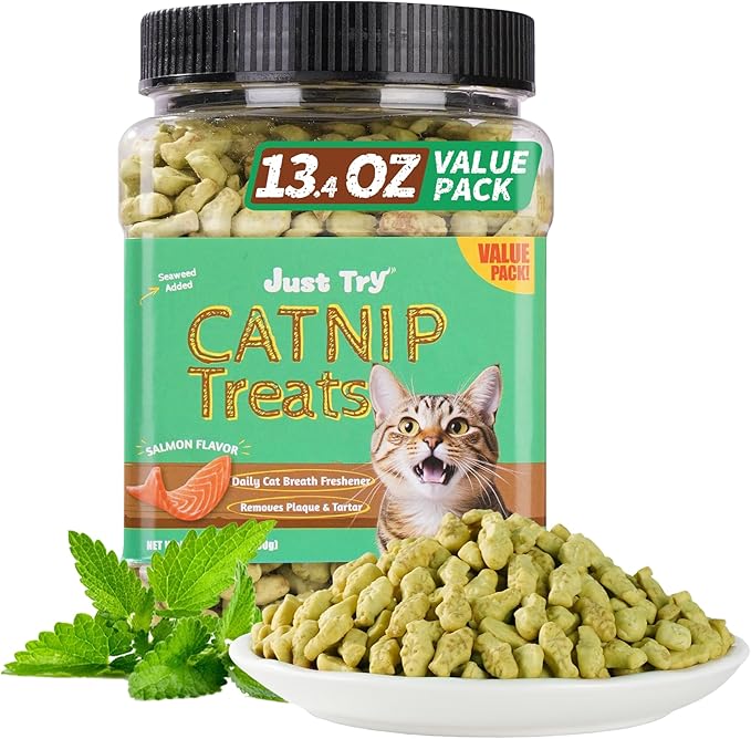 Just Try 13.4 OZ Crunchy Cat Treats Catnip Treats for Cats with Digestive Support, Natural Ingredients Kitten Treats with Real Salmon, Healthy Feline Snacks Training Biscuits Dental Care-Mewly Pet