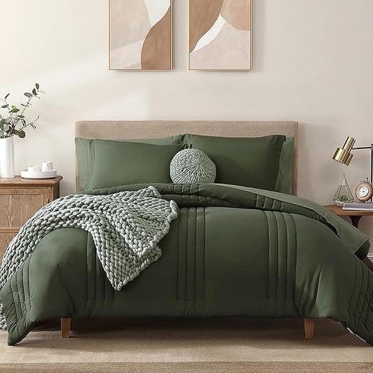 Monbix California King Size Comforter Set - 7 Pieces Bed in a Bag California King, Olive Green Bedding Sets, All Seasons Down Alternative Comforter Bed Set with Sheets, Pillowcases & Shams