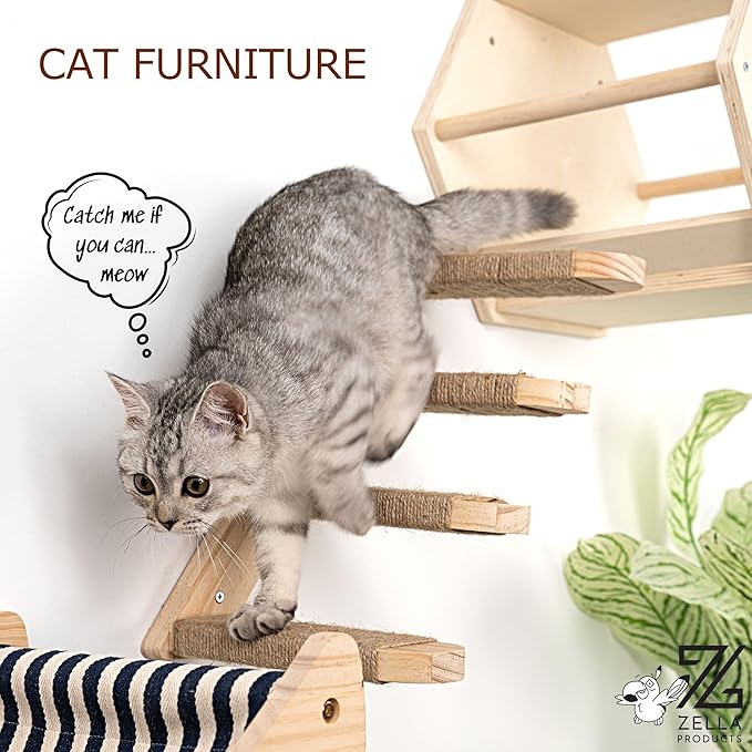 3-Piece Cat Wall Furniture Set - Hammock, Hexagon House, Climbing Steps - Wall Mounted Shelves, Perches, and Beds - Modern Design for Large Cats and Kittens & Spare Hammock Fabric Included-Mewly Pet