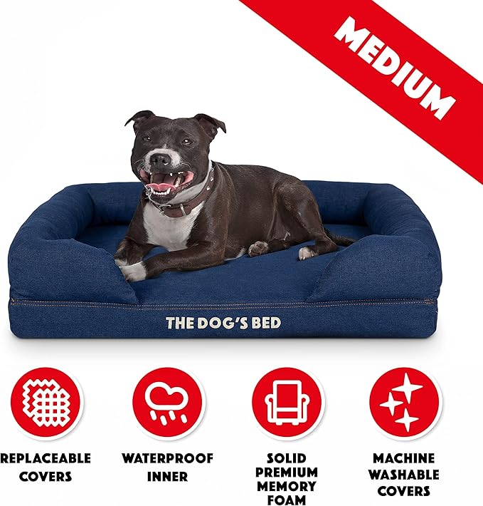 The Dog’s Bed, Med Blue Denim 30x23.5, Memory Foam, Pain Relief: Arthritis, Hip & Elbow Dysplasia, Post Surgery, Lameness, Supportive, Calming, Waterproof Washable Cover, Veterinary Approved-Mewly Pet