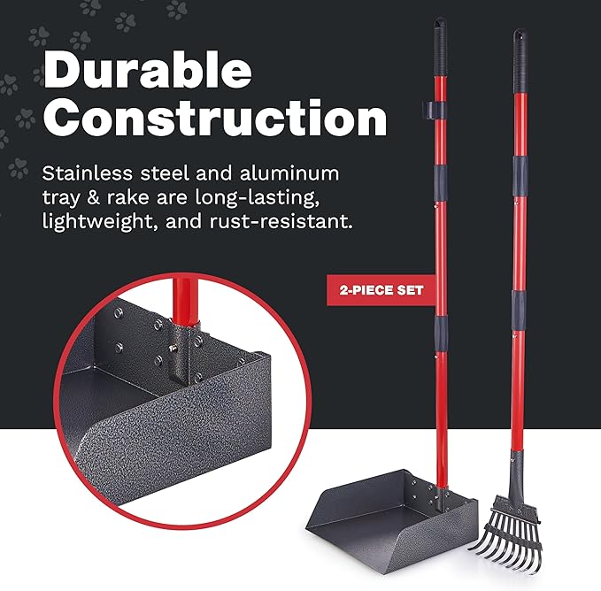 Pooper Scooper for Large Dogs, Small Dogs and Horses, Metal Poop Scooper Set with Long Handle Rake and Tray for Yard, Grass, Dirt or Gravel, Heavy Duty Aluminum Poop Picker Upper-Mewly Pet