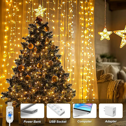 Curtain Light for Bedroom, 200LED 6.6x6.6ft Warm White Window Wall Hanging Fairy Curtain String Light, 8 Modes Remote Fairy String Lights Indoor for Wedding Party Home Garden Decorations