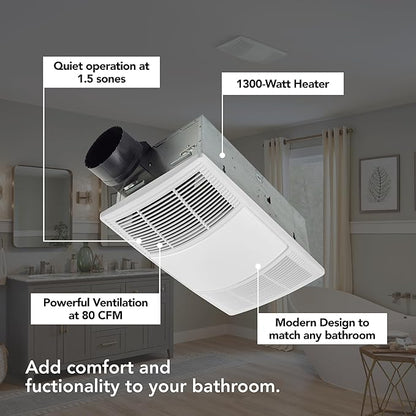 Broan-NuTone Non-Lit PowerHeat Bathroom Exhaust Fan and Heater, 80 CFM, 1.5 Sones, White