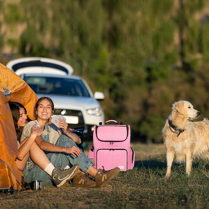 Modoker Dog Travel Bag Backpack, Airline Approved Pet Accessories Organizer for Dog and Cat with Shoulder Strap, 2 Dog Food Storage Containers, 2 Collapsible Dog Bowls,1 Pet Mat, Pink-Mewly Pet
