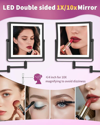 Rechargeable Wall Mounted Makeup Mirror with Lights, 4000mAh Double Sided 1X/10X Magnifying Vanity Mirror with 3 Color Lights, Touch Dimmable, 360° Extension Foldable Arm (Matte Black)