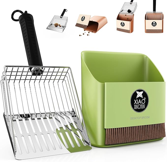 metal Cat Litter Scooper Kit - Durable large steel litter scoop with Dual Grid, Includes Broom & Dustpan for Quick, Easy Cleaning-Mewly Pet