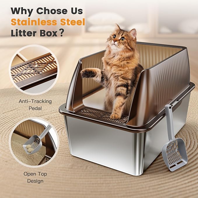 Tripamin 15” XL Stainless Steel Cat Litter Box Enclosure, XXL Stainless Steel High Sides with Lid, Extra Large Metal Cat Litter Box (Translucent Brown, XX-Large)-Mewly Pet